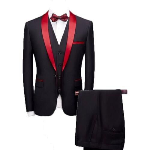 3 Piece Suits Men Spring Autumn Red Shawl Collar Groom Wear Wedding Suit Costume Homme Mariage Christmas Suit(Jacket+Pants+Vest)