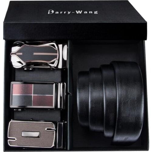 PT-0010 Barry.Wang Automatic Buckle Genuine Leather luxury Belts For Men 110cm-150cm Long Alloy Buckle Mens Belts Gift Box Sets