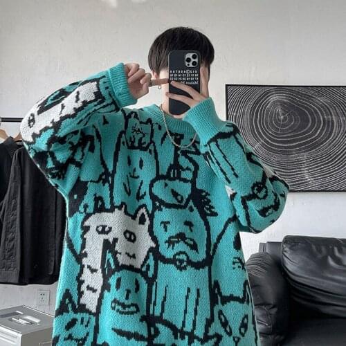 2021 Winter Mens Fashion Trend Pullover Cartoon Printing Wool Sweaters Round Neck Coats Clothes In Warm Cashmere Knitting M-5XL