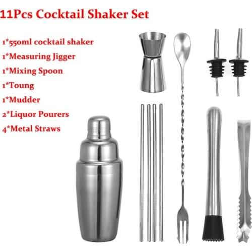 Cocktail Shaker Set 11Pcs 550Ml Stainless Steel Wine Mixer Bar Accessories for Bartender Drink Party Home Bar Tools Drink Brows