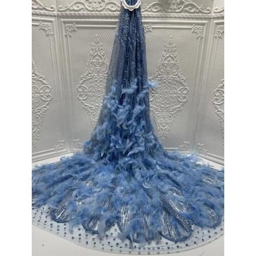 Sky Blue African Mesh Lace Fabric Beads With Sequins Soft Feather Lace Embroidery French Tulle Lace Fabric For Wedding Party