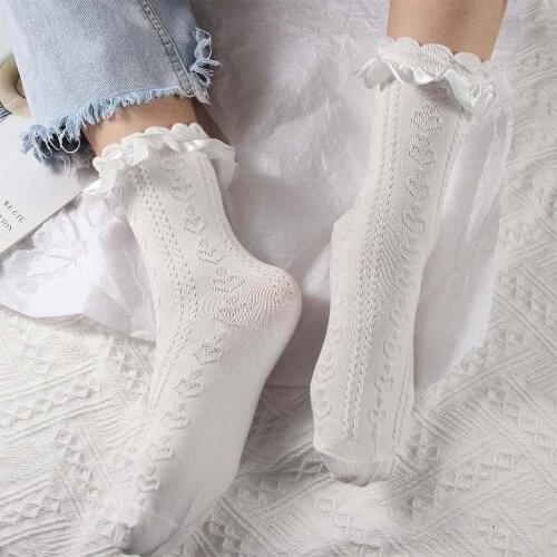 1 Pair Lolita Style Japanese Maiden Lovely Woman Short Socks Summer Sweet Ruffle Heart Bows Cotton Princess Socks High Quality