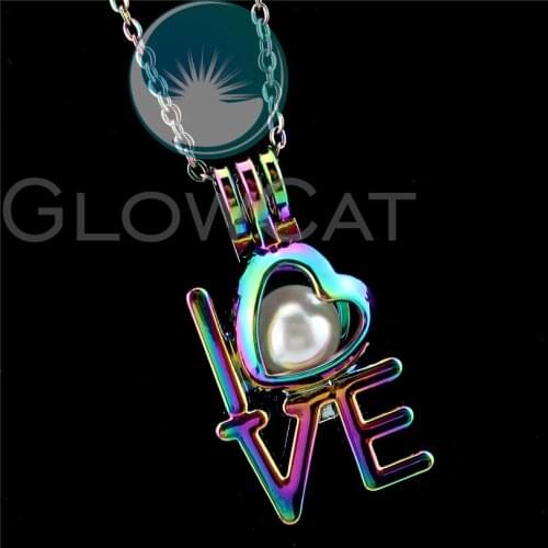 R-C844 Rainbow Letter Love You Beads Cage Pendant Essential Oil Diffuser Aroma Pearl Cage Locket Necklace