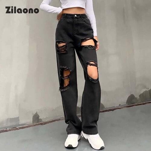 Loose Solid Full Length Jeans Pure Colour High Waisted Hole Casual Trousers Street Corner Ripped Zipper Fly Wide Leg Pants