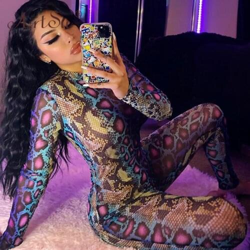 ArtSu Sexy Women Jumpsuits Snake Print Backless Long Sleeve Elastic Fitness Bodycon Party Club Fashion Rompers Outfit Autumn