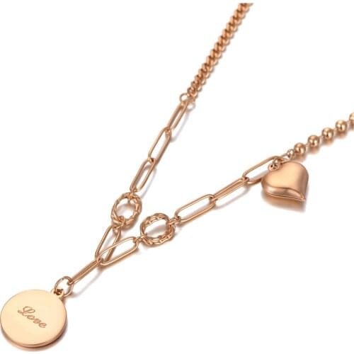 Rose Gold Love & Heart Charm Pendant Necklaces For Women Girls Trendy Titanium Steel Bohemia Party Necklace N20152