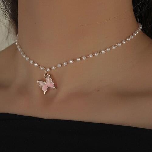 Sweet Butterfly Pendant Necklace For Women Imitation Pearl Daisy Flower Cherry Clavicle Necklaces Elegant Female Jewelry Gifts