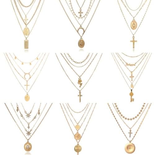 Tocona Boho Multilayer Moon Cross Pendant Necklace for Women Gold Virgin Mary Bead Chain Chocker Jewelry Wholesale Collar