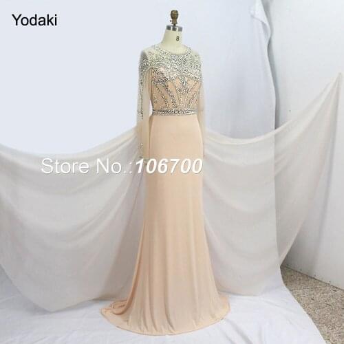 New Long Sleeve Mermaid robe de bal longue Illusion Hand Made Tulle Crystal Beaded Jersey Chiffon Back Tail Prom Dresses 2018