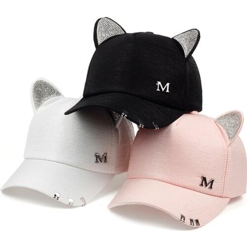 2018 new meow Womens Summer fall black white Pink hat Cat ears Cat Baseball cap with rings and lace cute girl hat