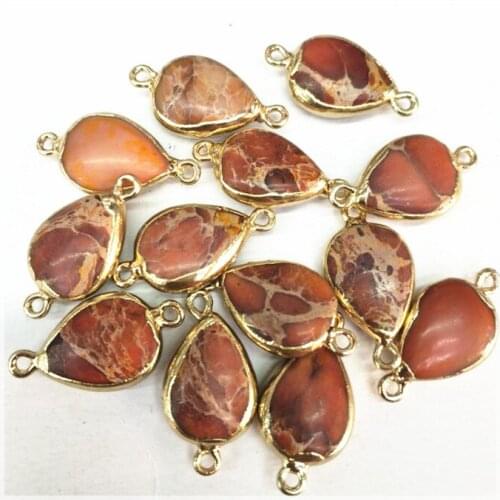 5pcs nature gem stone imperial jasperr connectors teardrop shape brown colors with two pendants size