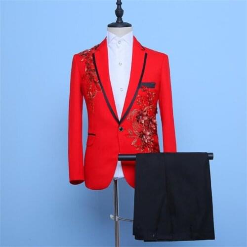 Sequin applique blazer men groom suit set with pants mens wedding suits costume singer stage clothing formal dress B5