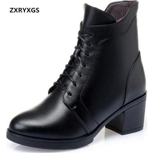 Top Cowhide Black Autumn Boots Thick Heel Martin Boots Large Size Comfort Warm Plush / Wool Boots Winter Shoes Woman Snow Boots