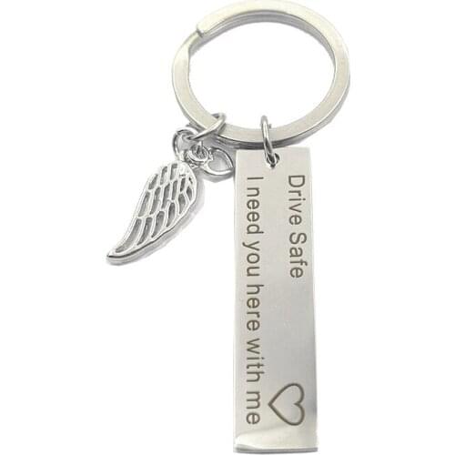 Stainless Steel Car Keychain Letter Lettering Drive Safe I need you here Angel Wings Pendant Steel Key Chain For Gift Jewelry
