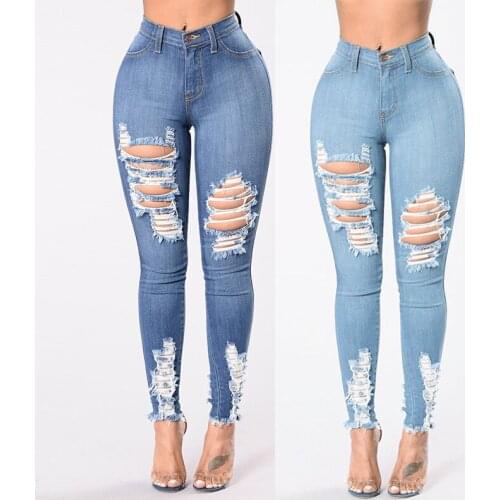 Vintage Stretch Skinny Ripped Hole Denim Pants Boyfriend Jeans Female Slim Low Waist Pencil Pants High Elasticity Denim Trousers