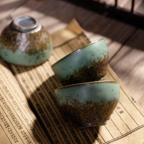 Coarse Pottery Teacup Vintage Ceramic Cup Nostalgic Classic Chinese-Style Household Small Tea Cup Bamboo-Hat Type Cup Kombucha