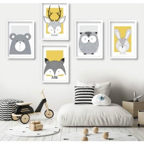 Art Animal Wall Art Print Fox Deer Owl Rabbit Picture Poster Childrens Room Decoration canvas painting Art Decor A384