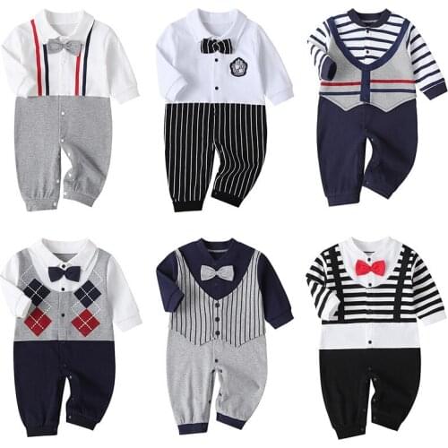 Baby Boy Clothes Gentleman Romper New Long Sleeve Jumpsuit Cotton Baby Clothing Infant Bow Tie Costume Handsome Baby Rompers