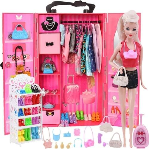 Barbies Dollhouse Furniture 72Pcs/Set=1Wardrobe+71Doll Accessories Doll Clothes Doll Shoes Dresses Glasses Rack For Barbie Doll