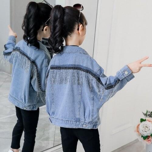 Girls Trendy Beading Tassels Denim Jacket Spring Childrens Casual Cotton Coat Female Kids Student Autumn Clothes Outerwear B258