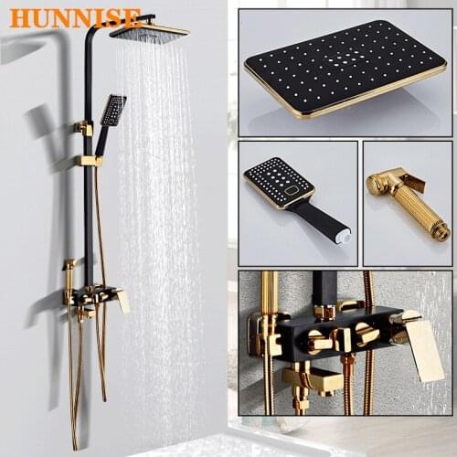 Bathroom Shower Set Black Gold Bathroom Shower System 8 Inch Rainfall Shower Head Brass Bathtub Faucet Black Shower Mixer Set