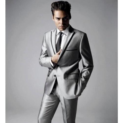 New Style Groomsmen Peak Lapel Groom Tuxedos Sliver Grey Mens Suits Wedding Best Man Suit (Jacket+Pants+Tie+Hankerchief) B694