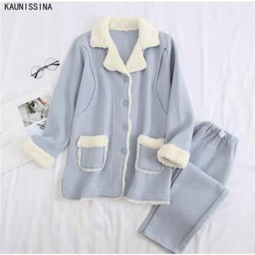Autumn Winter Women Pajamas Maternity Nightwear Female Pregant Nursing Thick Warm Homewear Set Pocket Turn-Down Collar Sleepwear