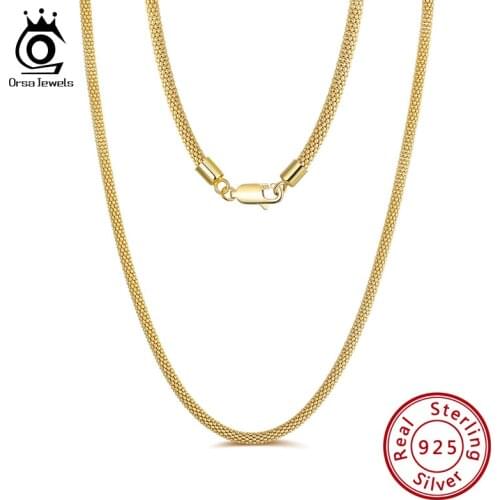 ORSA JEWELS 14K Gold Plated 925 Silver 3mm Mesh Popcorn Chain Necklace for Women Men Punk Neck Chain 45cm/60cm Jewelry SC42