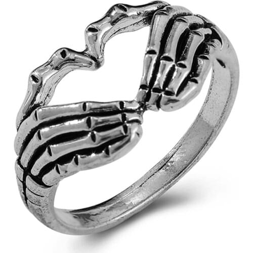 Silver Plated Hand with Heart Rings for Men Women Punk Gothic Creative Skeleton Couple Ring Hip Hop Band Jewelry Charm Gift