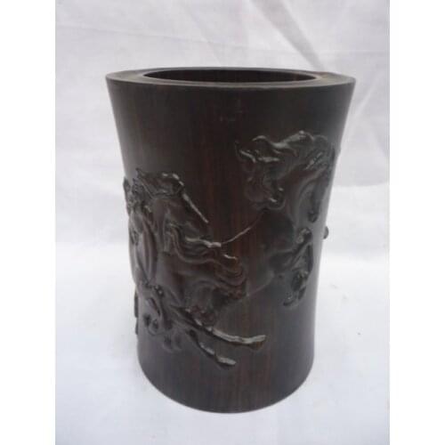Rare Qing Dynasty(Qianlong:1736-1795)wooden brush pot,A group of horses