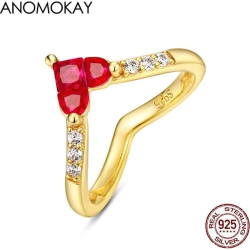 Romantic Red Heart Crystal Stackable Gold Color Rings for Women Mom Gift Valentines Day Gift 925 Sterling Silver Resizable Ring