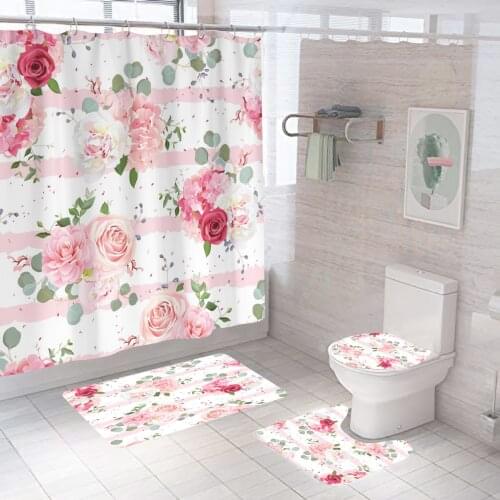 Pink Pastrol Flower Shower Curtain With Non Slip Rug Mat Bathroom Curtains Waterproof Polyester Bathroom Curtain with Hooks Gift