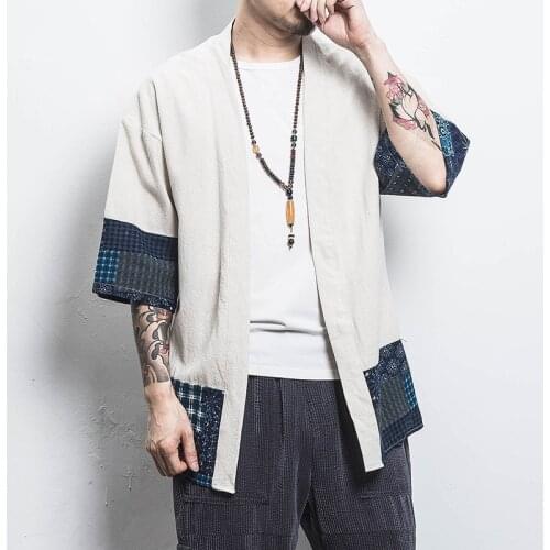Man Five Sleeve Shirt Kimono japanese traditional Clothing Cardigan vintage Shirt Surplices Coat yukata Cardigan without buttons