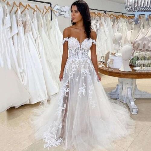 Eightree Vestido de Noivas 2021 Lace Vintage Wedding Dresses 2021 off Shoulder Split Side Boho Bride Dress Cheap Wedding Gowns