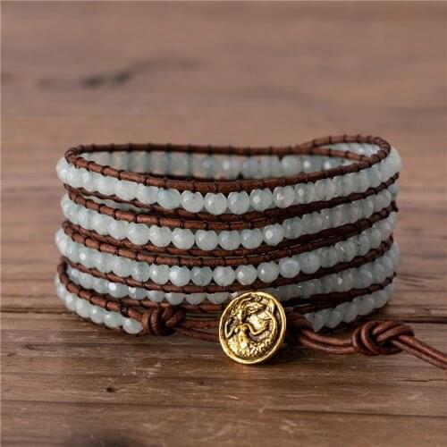 Yoga 4mm Green Aventurine Beads Wrap Bracelet Classic 5 Rows Leather Bracelet Woven Beads Bracelet Bestfriend Gifts Dropshipping