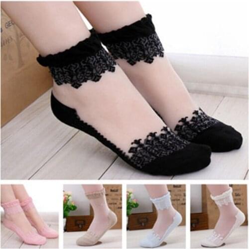 Women Lace Mesh Socks Silk Lace sock Elastic Short Girl Sox Female Floral Lace-up Ultrathin Womens Socks