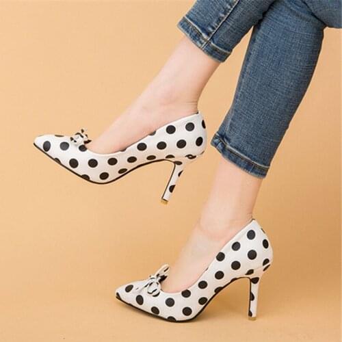 Womens pumps High heel Pointed toe Dot Slip on PU Thin heel Spring summer Working shoes Black