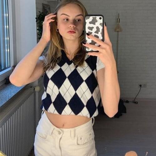 B-TOTO Bm Retro Diamond Knit Vest High Waist Short Female Outer Wear V-neck Sweater Vest 2021 New Fashion