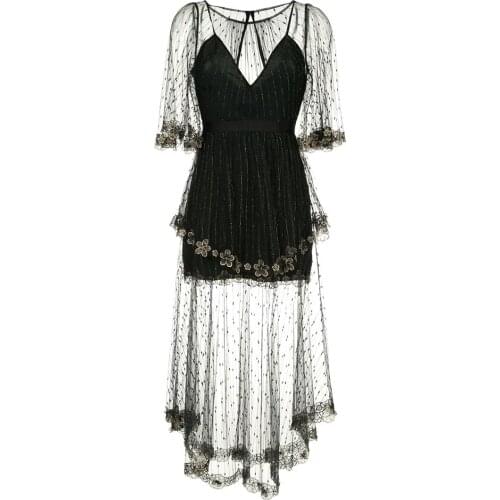 2019 Summer Australia Fairy Women Golden Thread Embroidery Flower Flare Sleeve Lace Mesh Dress Sexy See Through Long Dress