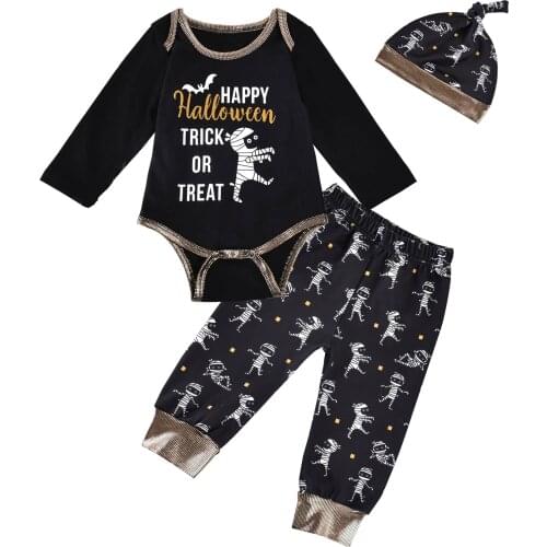 3 Pcs Infant Halloween Outfits Toddler Long Sleeve Round Neck Letter Print Romper Cartoon Trousers and Hat Set
