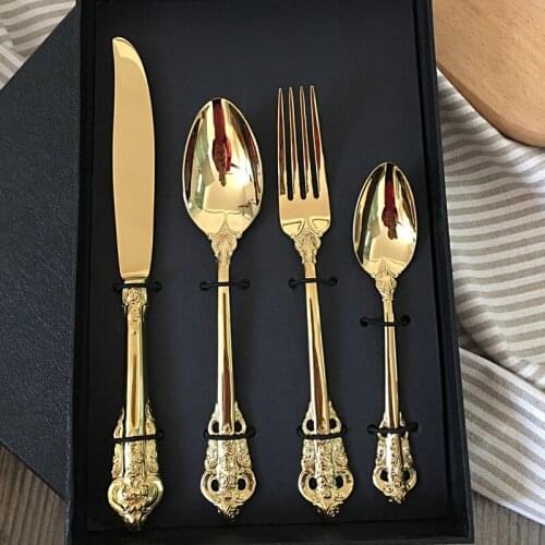 4pcs Retro Vintage Golden Dinnerware Set Luxury Wedding Tableware Gold Plated Stainless Steel Cutlery Knife and Fork Xmas gift