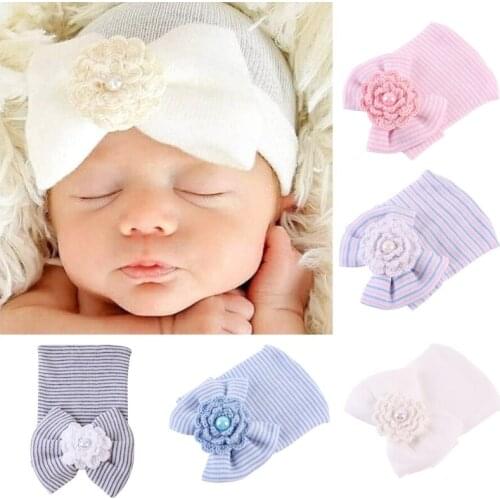 Newborn Baby Hat Toddler Baby Warm Hat Striped Caps Soft Hospital Girls Hats Bow Beanies for Newborn 0-3M Send Earring As Gift