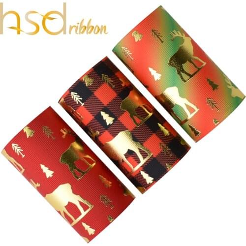 HSDRibbon 3 inch 75MM custom Christmas elk Gold foil printed on HT grosgrain ribbon