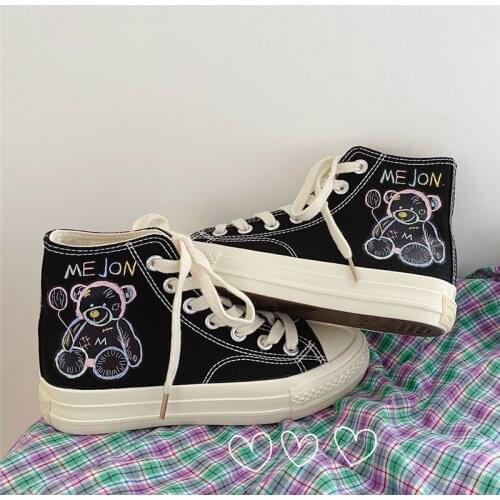 Design Women Canvas Shoes Brand Student Casual Bear Print Sneakers Cute Graffit Platform Shoes For Girls Soft High Top Sneakers