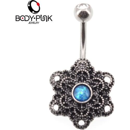 BODY PUNK Trendy Belly Button Rings Burnished SS Mandala Opal Curve Navel Ring Vintage Body Jewelry Feminino Flower