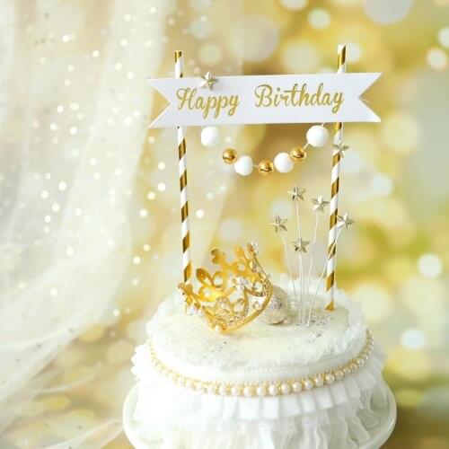 Royal Style Platinum Birthday Banner Flag Gold Ball Star Happy Birthday Cake Topper Love Crown Decorations Party Supplies