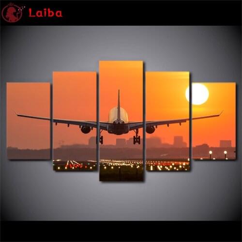 Full drill square Crystal Paintings Sunset city landscape, airplane Diamond Embroidery Full round 5d Diy diamond painting5pcs