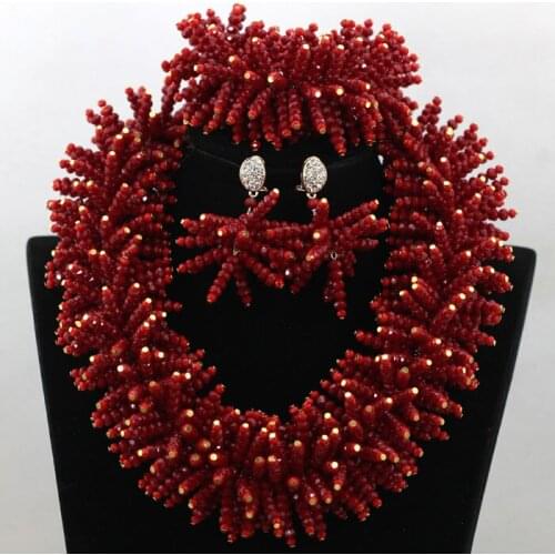 Chunky African Beads Jewelry Sets Spike Red Nigerian Wedding Crystal Women Statement Necklace Set Free Shipping WA631