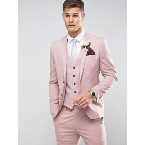 Fashionable Back Vent Two Buttons Pink Groom Tuxedos Groomsmen Peak Lapel Mens Suits Blazers (Jacket+Pants+Vest+Tie) W:986