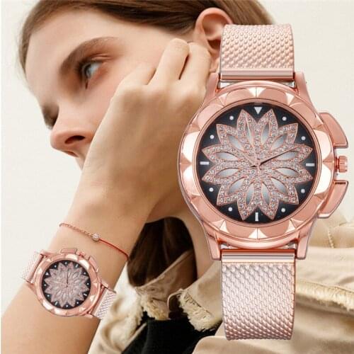 Women Watches Fashion Ladies Steel Belt Watch Wild Lady Creative Fashion Gift Luxury Women Rose Gold Flower Rhinestone Watches